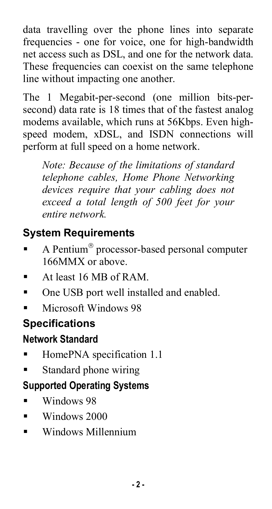 System requirements, Specifications, Network standard | Supported operating systems | Abocom USB Home PhoneLine 1Mbps Network Adapter User Manual | Page 5 / 17
