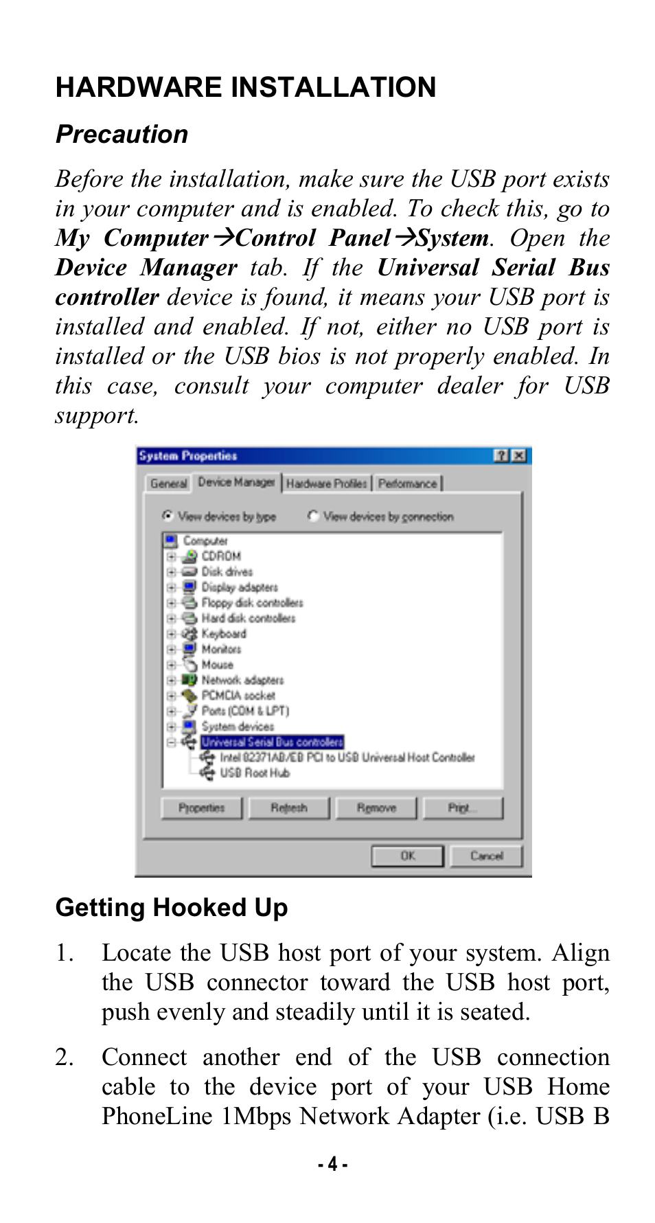 Hardware installation, Precaution, Getting hooked up | Abocom USB Home PhoneLine 1Mbps Network Adapter User Manual | Page 7 / 17