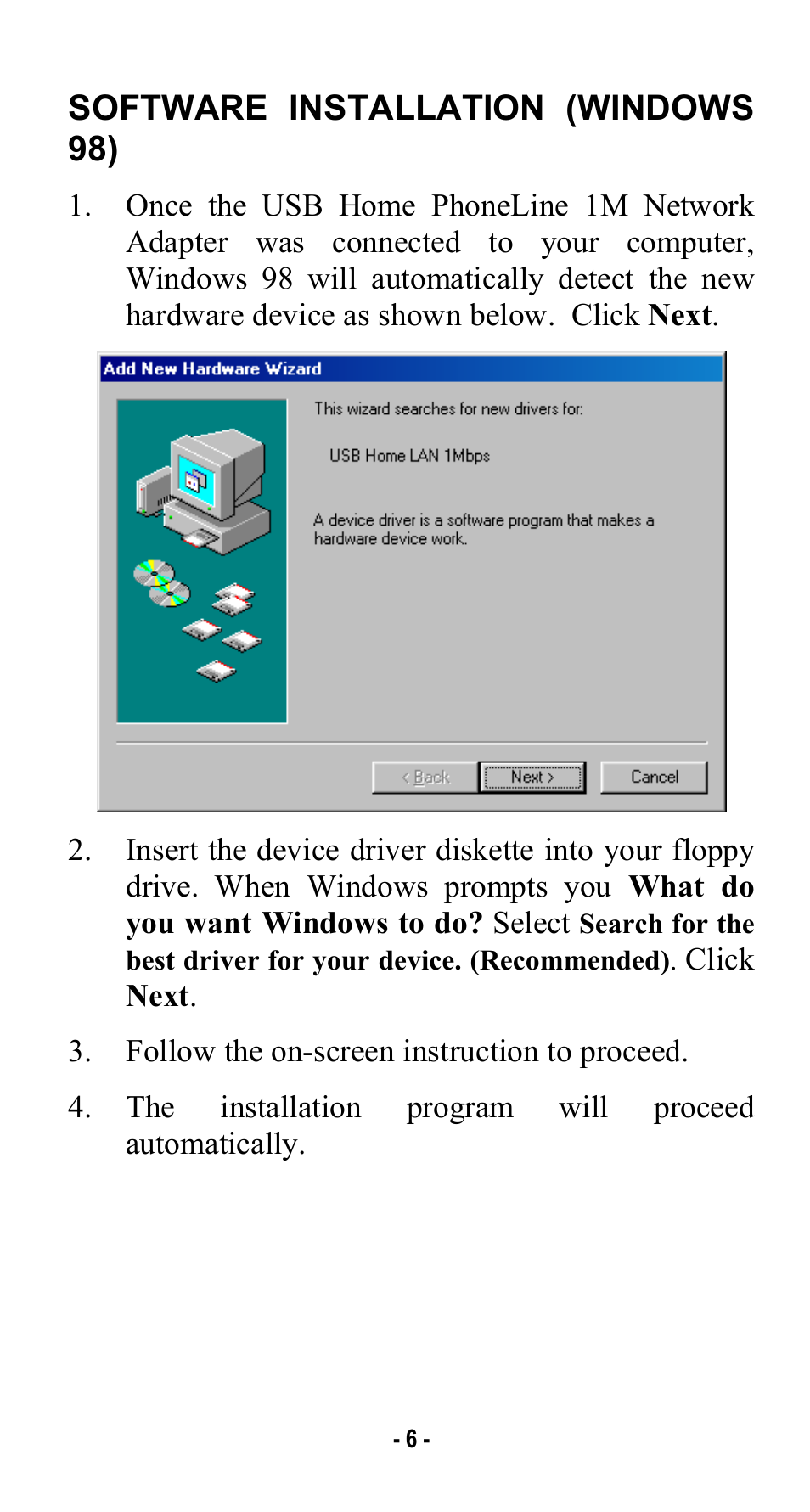 Software installation (windows 98) | Abocom USB Home PhoneLine 1Mbps Network Adapter User Manual | Page 9 / 17