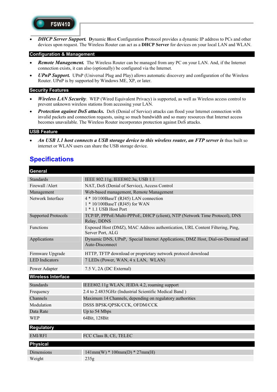 Specifications | Abocom FSW410 User Manual | Page 2 / 2