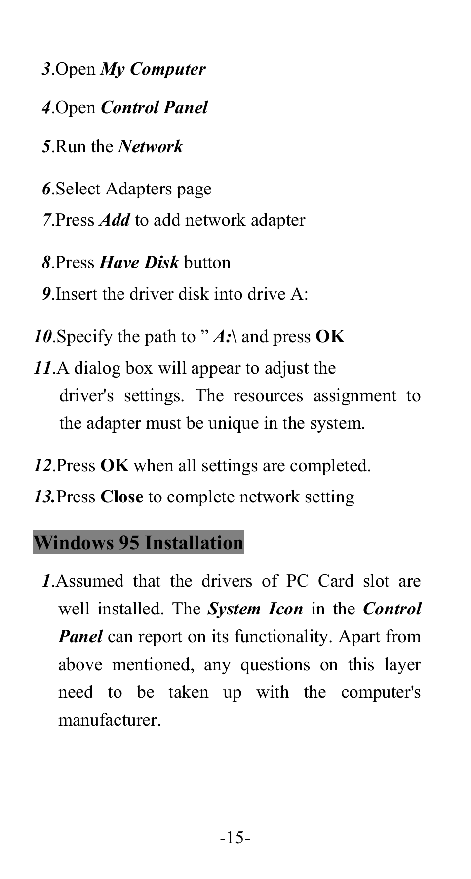 Windows 95 installation | Abocom FE1000 User Manual | Page 16 / 20