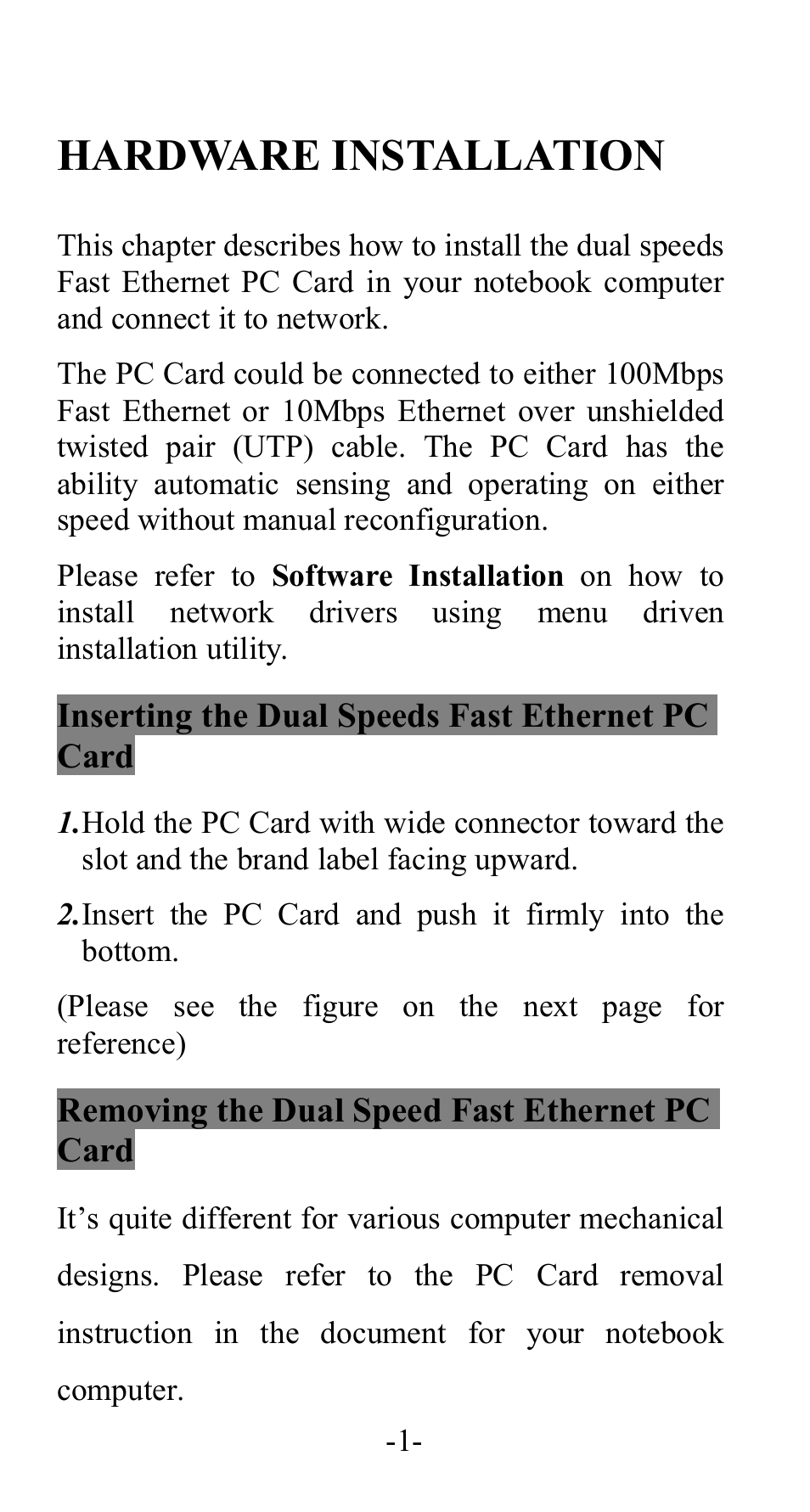 Hardware installation, Inserting the dual speeds fast ethernet pc card, Removing the dual speed fast ethernet pc card | Abocom FE1000 User Manual | Page 2 / 20