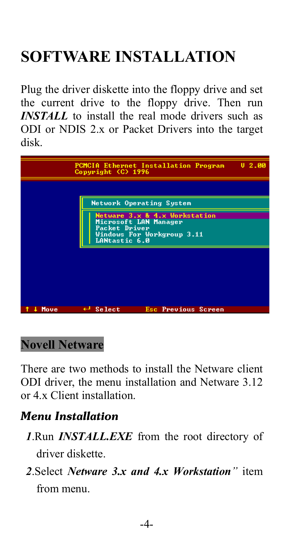 Software installation, Novell netware | Abocom FE1000 User Manual | Page 5 / 20