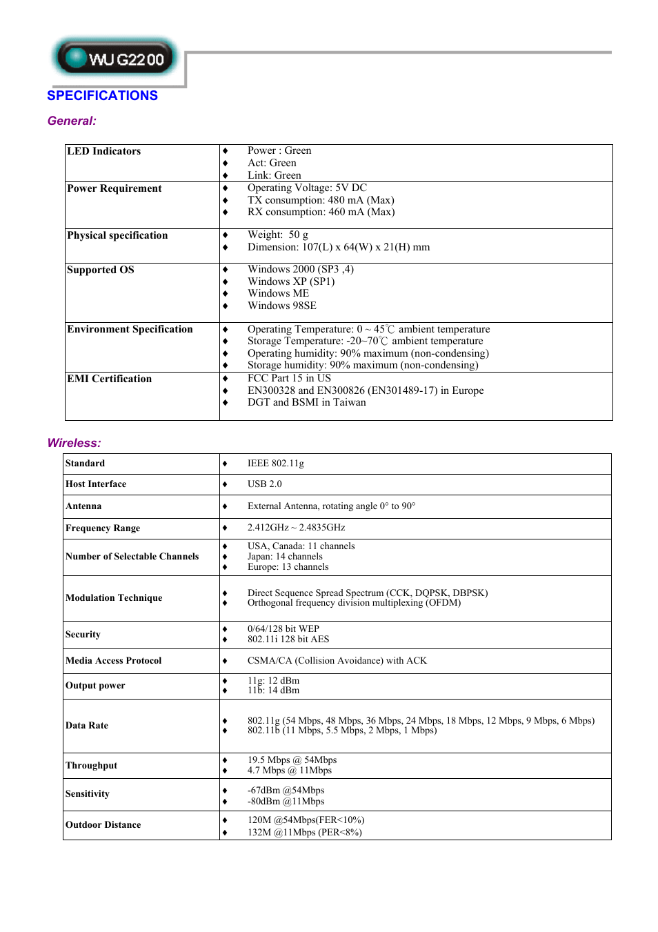 Specifications, General, Wireless | Abocom WUG2200 User Manual | Page 2 / 2