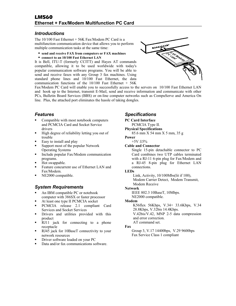 Abocom Multifunction Lan + Fax/Modem PC Card LM560 User Manual | 1 page