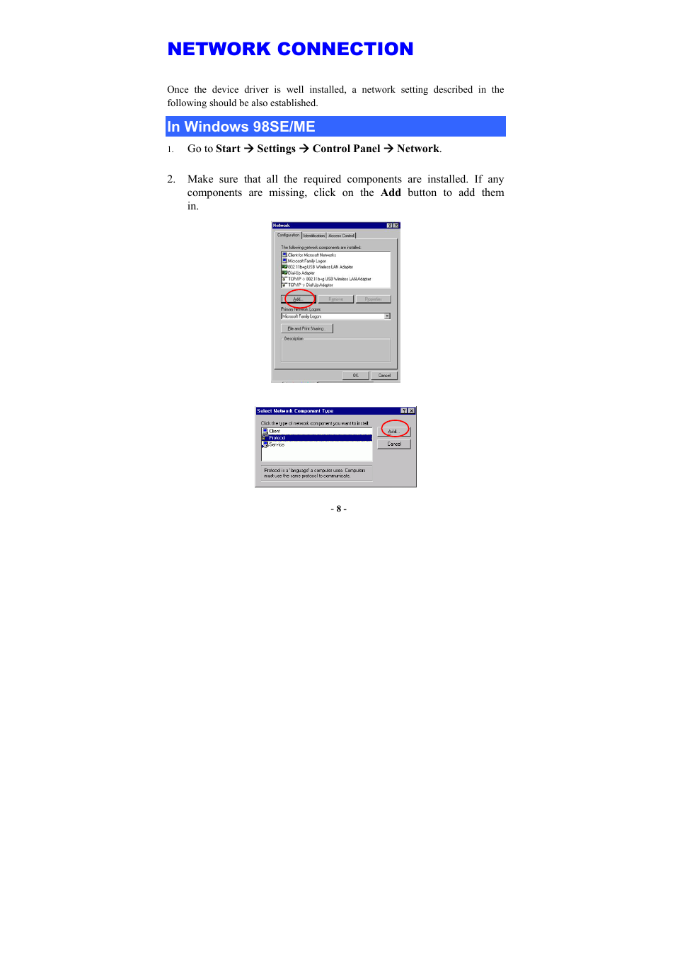 Network connection, In windows 98se/me, Indows | 98se/me | Abocom WUG2660 User Manual | Page 11 / 35