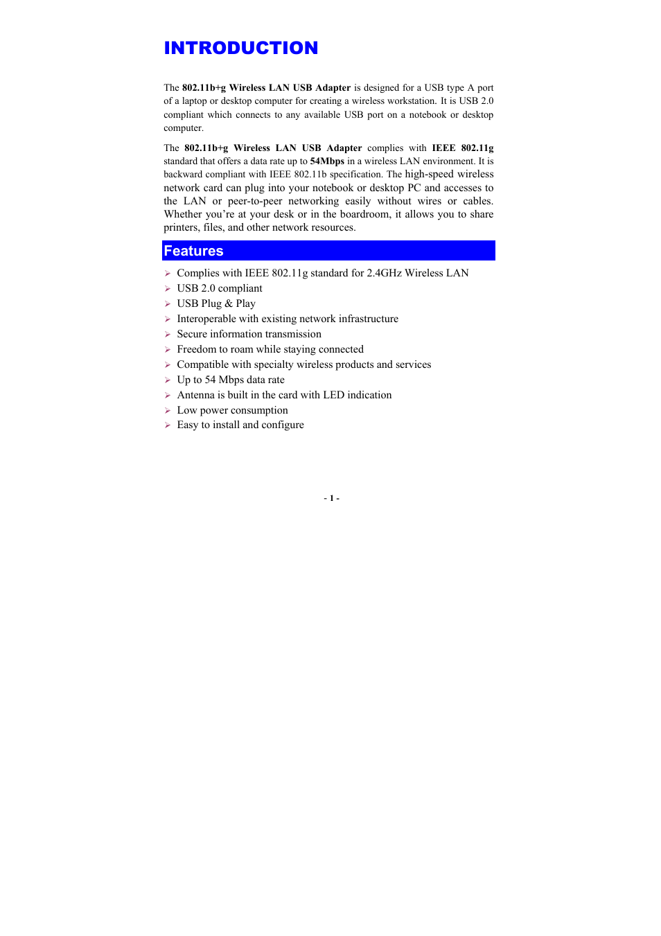 Introduction, Features, Eatures | Abocom WUG2660 User Manual | Page 4 / 35