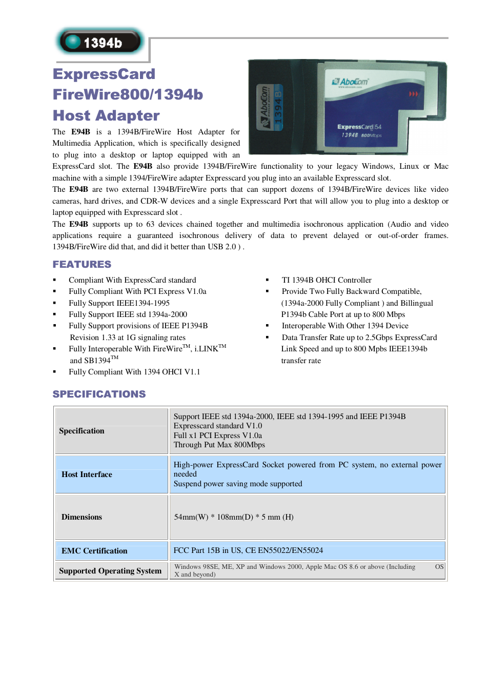 Abocom 1394b User Manual | 1 page