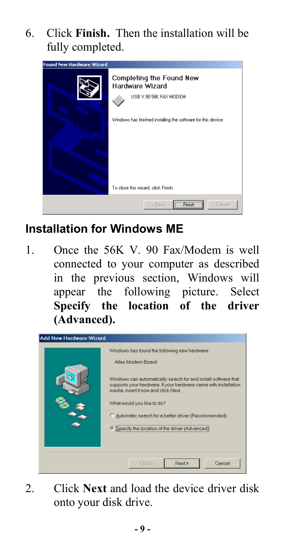 Installation for windows me | Abocom UFM560 User Manual | Page 10 / 19