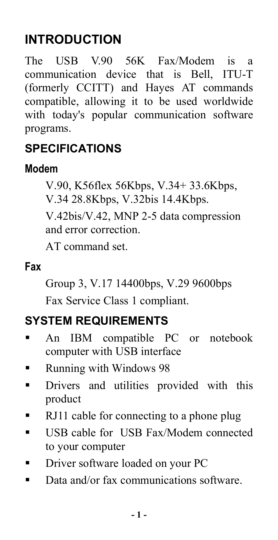 Introduction, Specifications, Modem | System requirements | Abocom UFM560 User Manual | Page 2 / 19