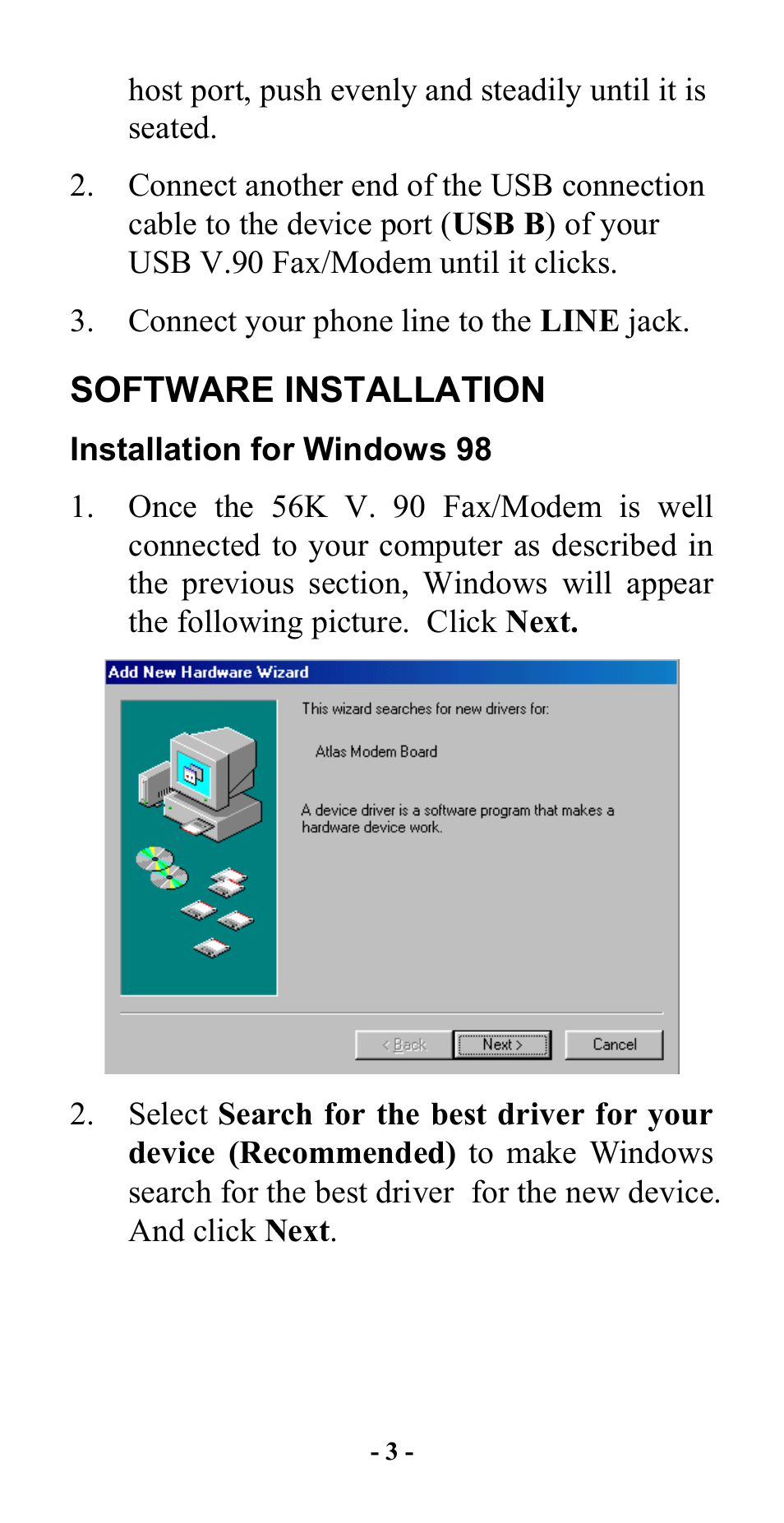 Software installation, Installation for windows 98 | Abocom UFM560 User Manual | Page 4 / 19