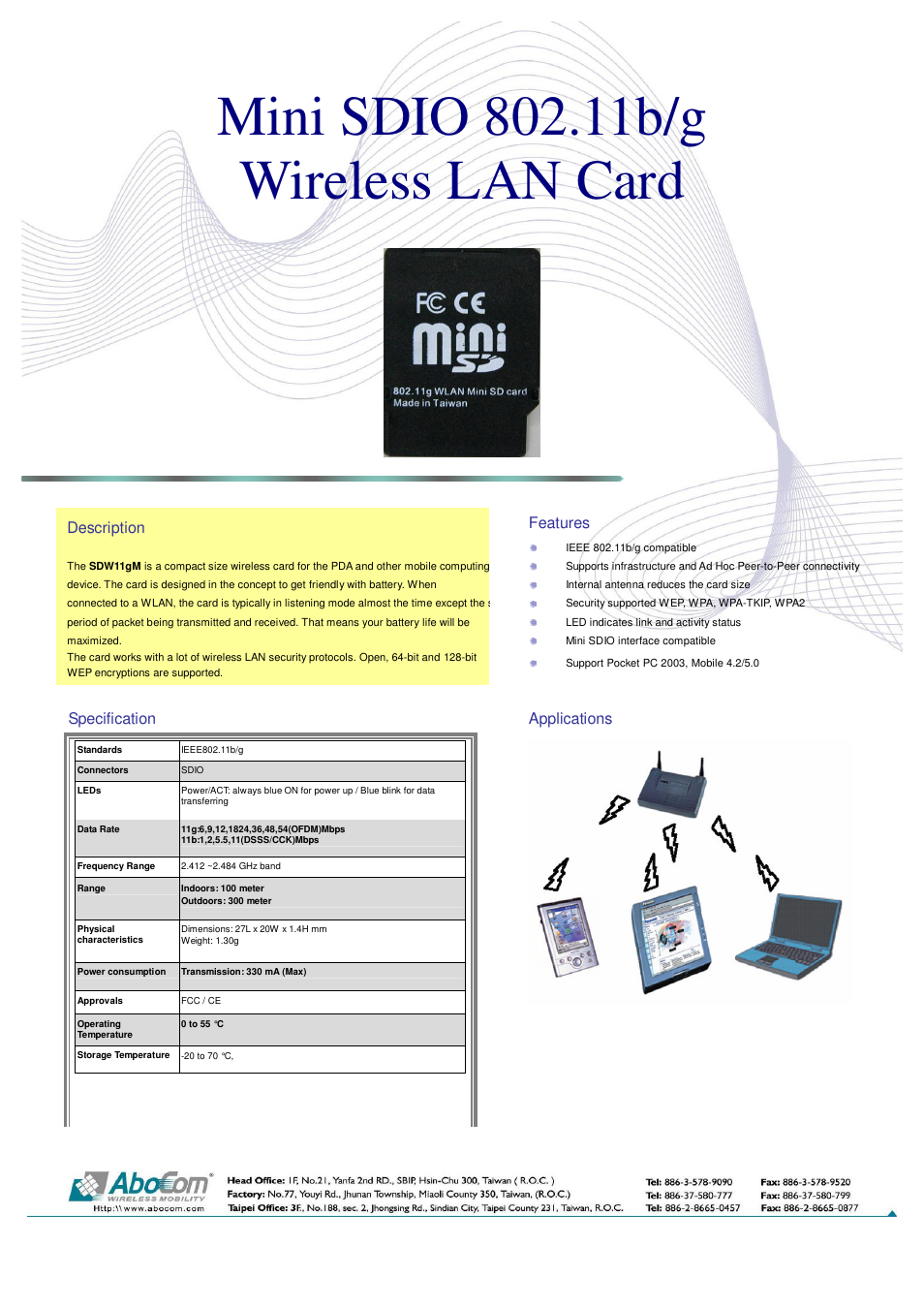 Abocom Mini SDIO 802.11b/g Wireless LAN Card SDW11gM User Manual | 1 page