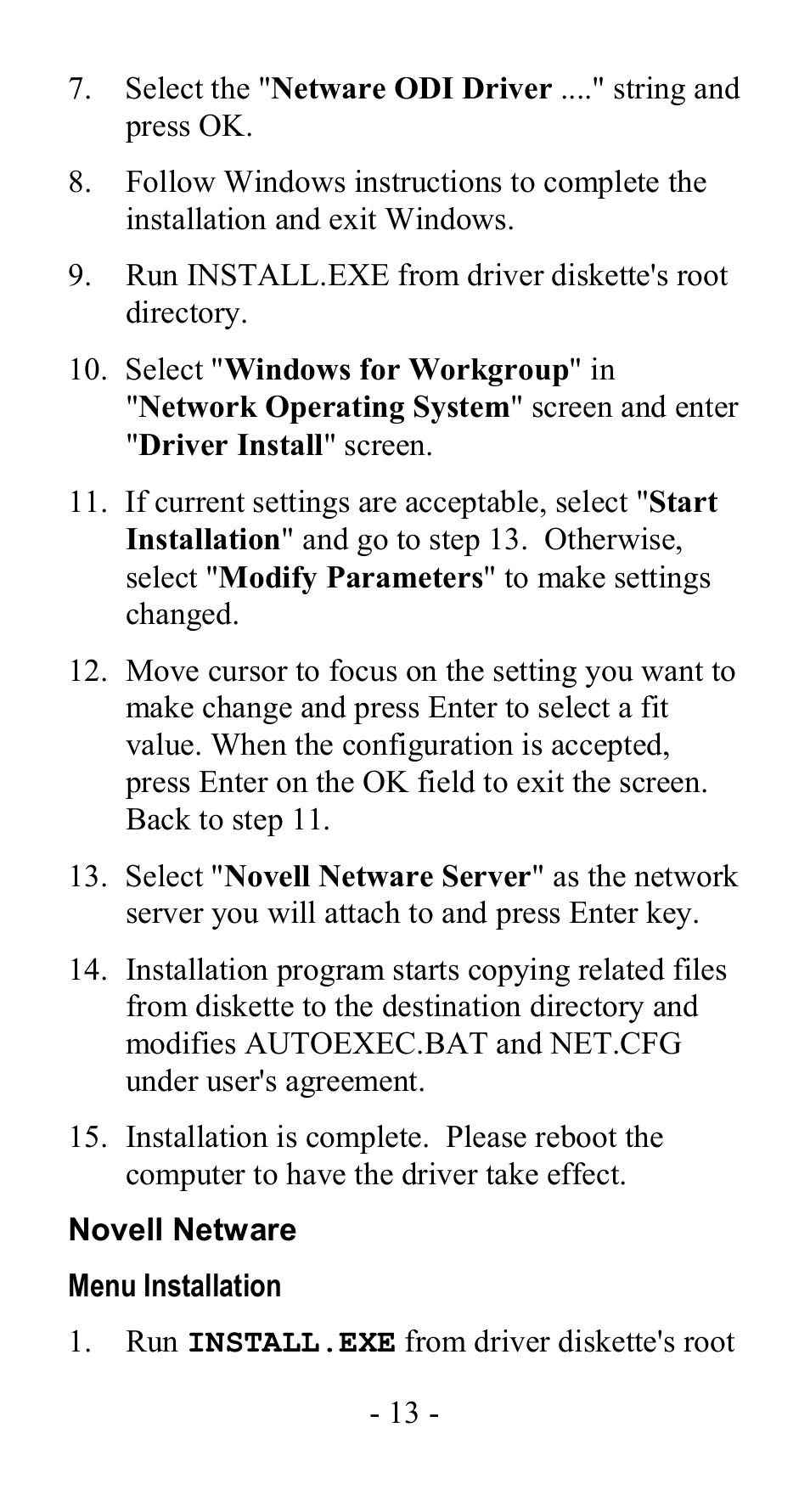Novell netware, Menu installation | Abocom LA100 User Manual | Page 14 / 20