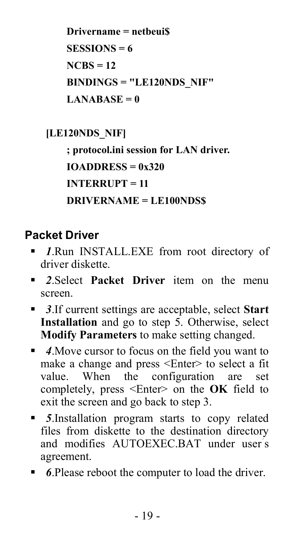 Packet driver | Abocom LA100 User Manual | Page 20 / 20