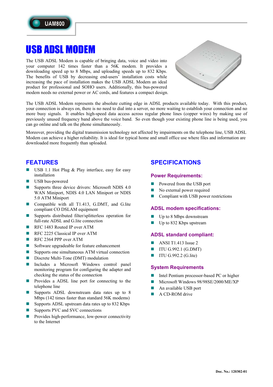 Abocom UAM800 User Manual | 1 page