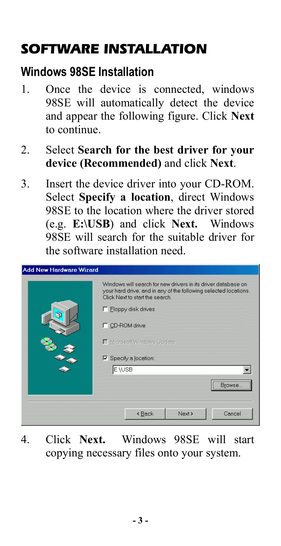 Software installation, Windows 98se installation, Indows | 98se i, Nstallation | Abocom UFT128S User Manual | Page 5 / 20