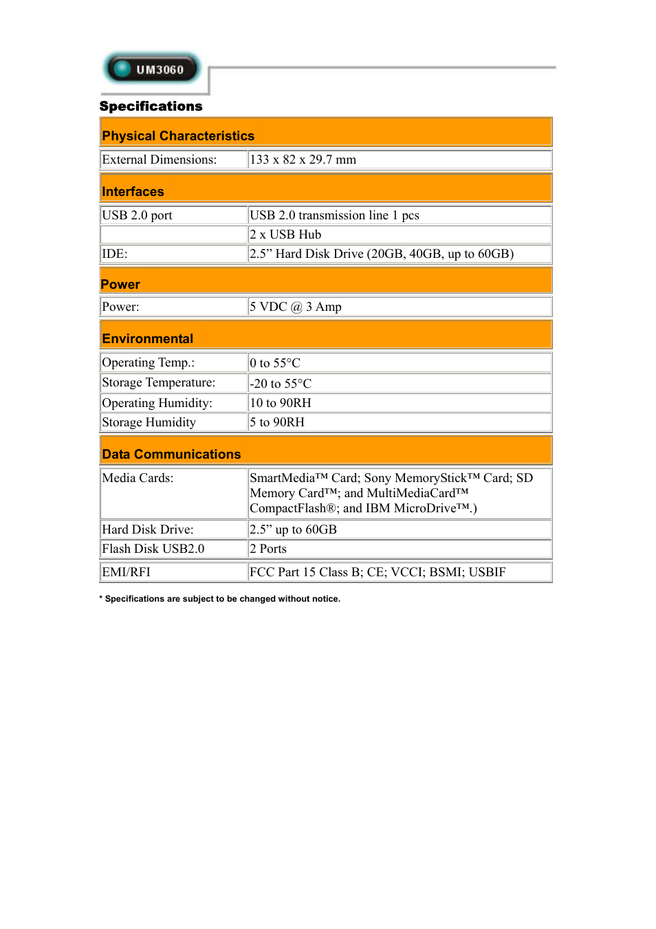 Specifications | Abocom UM3060 User Manual | Page 2 / 2
