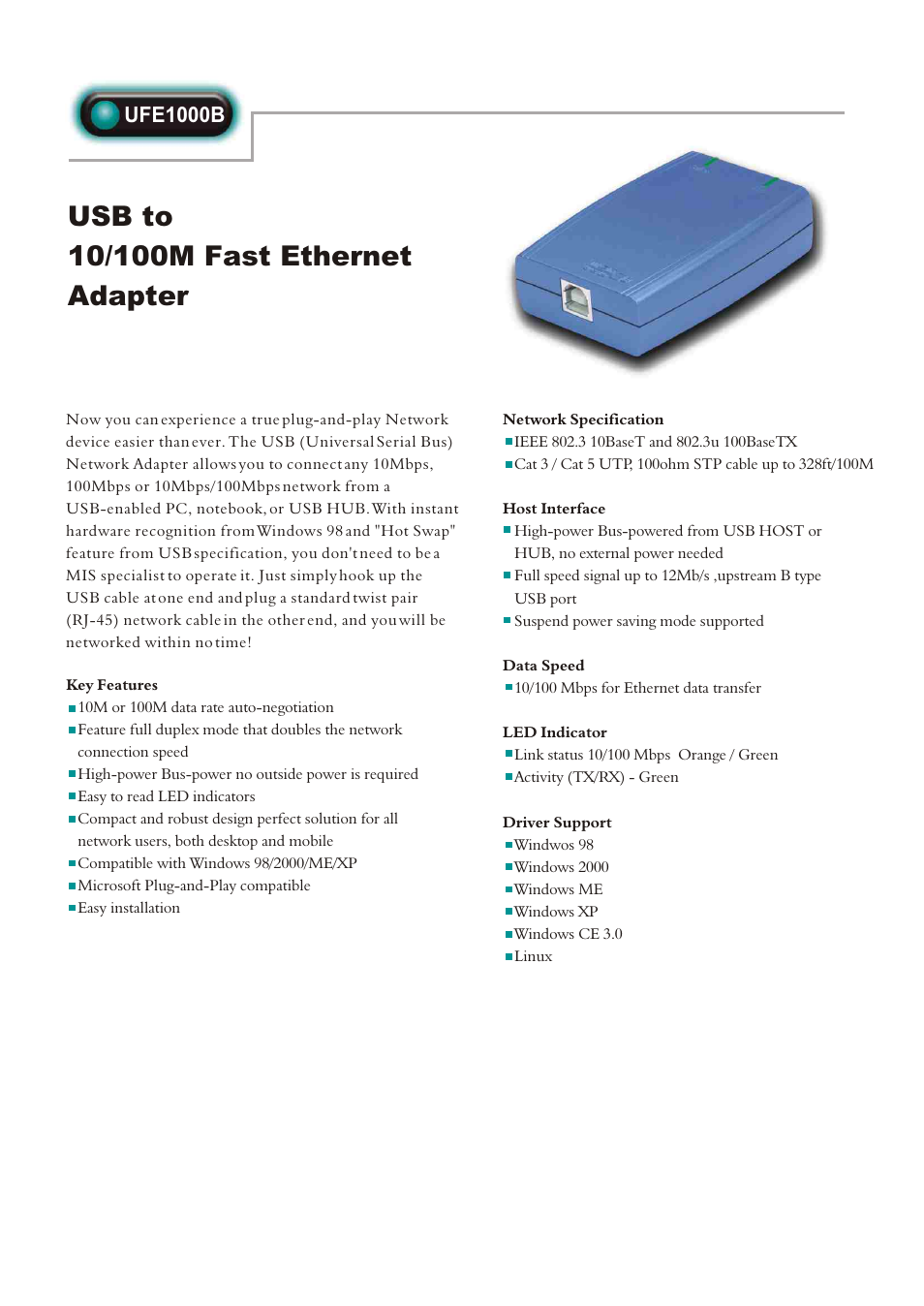 Abocom UFE1000B User Manual | 1 page