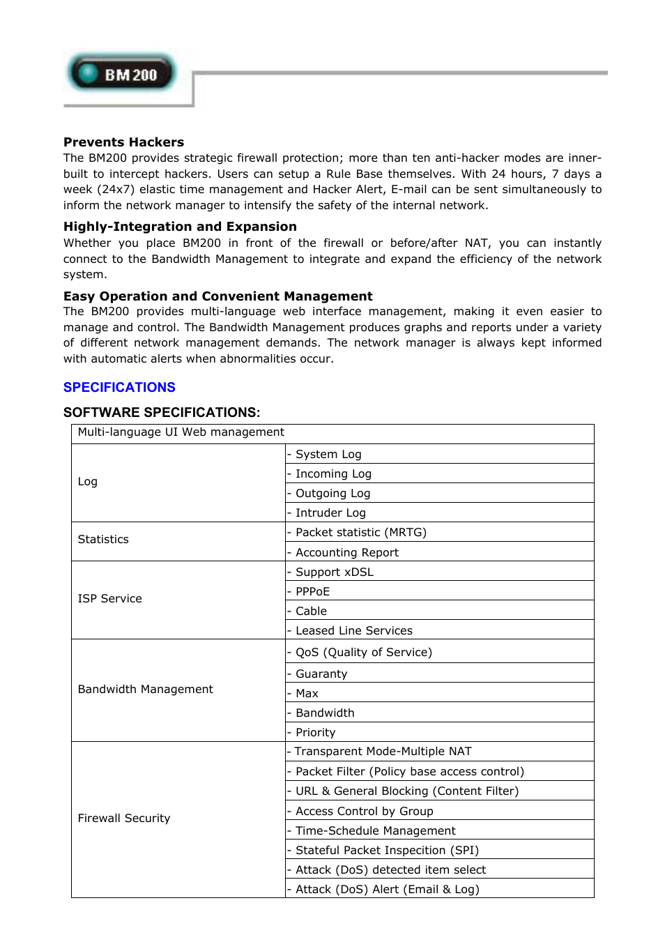 Specifications, Software specifications | Abocom BM200 User Manual | Page 2 / 3