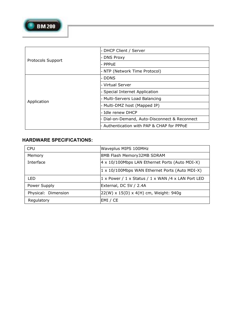 Hardware specifications | Abocom BM200 User Manual | Page 3 / 3