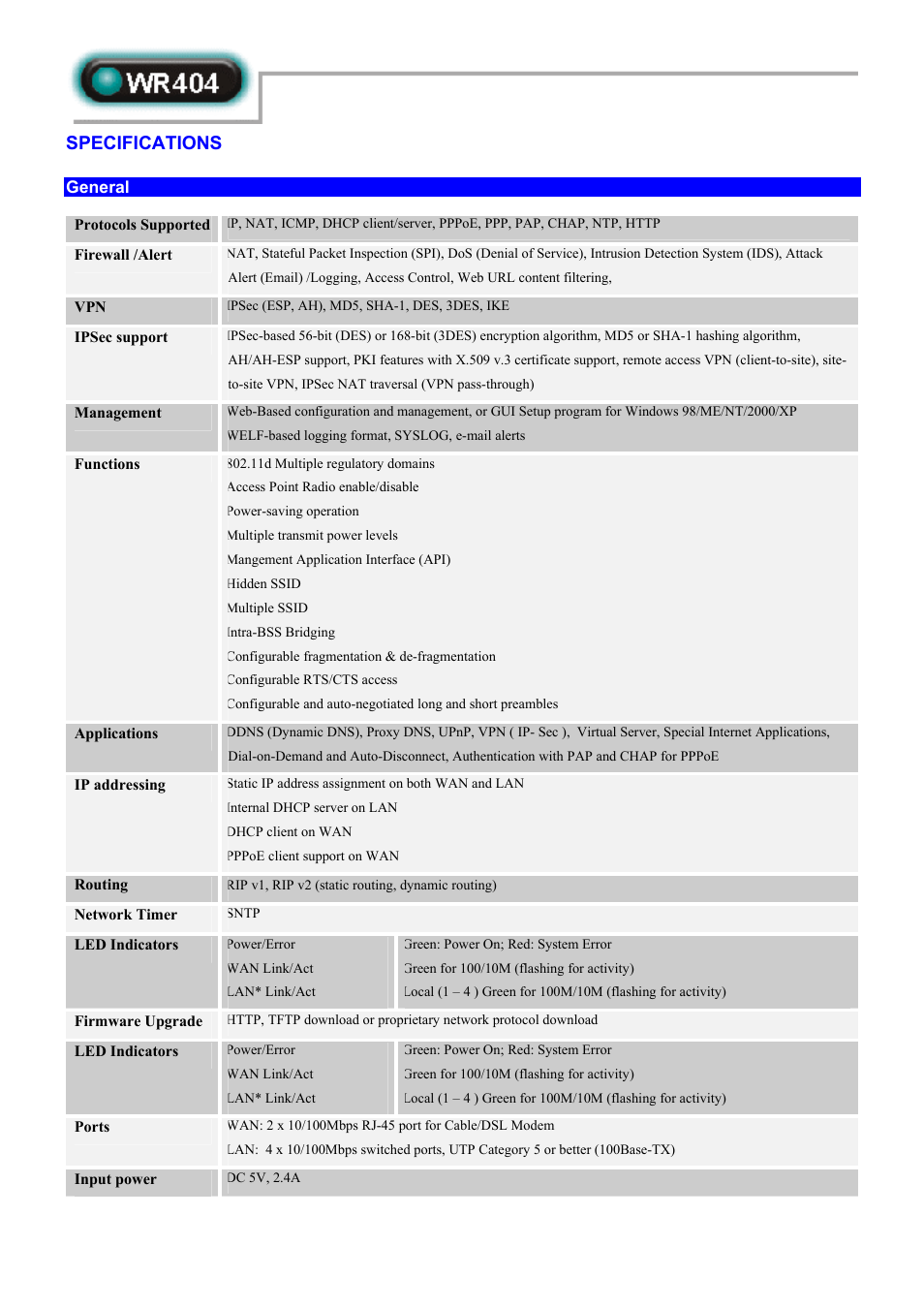 Specifications, General | Abocom WR404 User Manual | Page 2 / 3