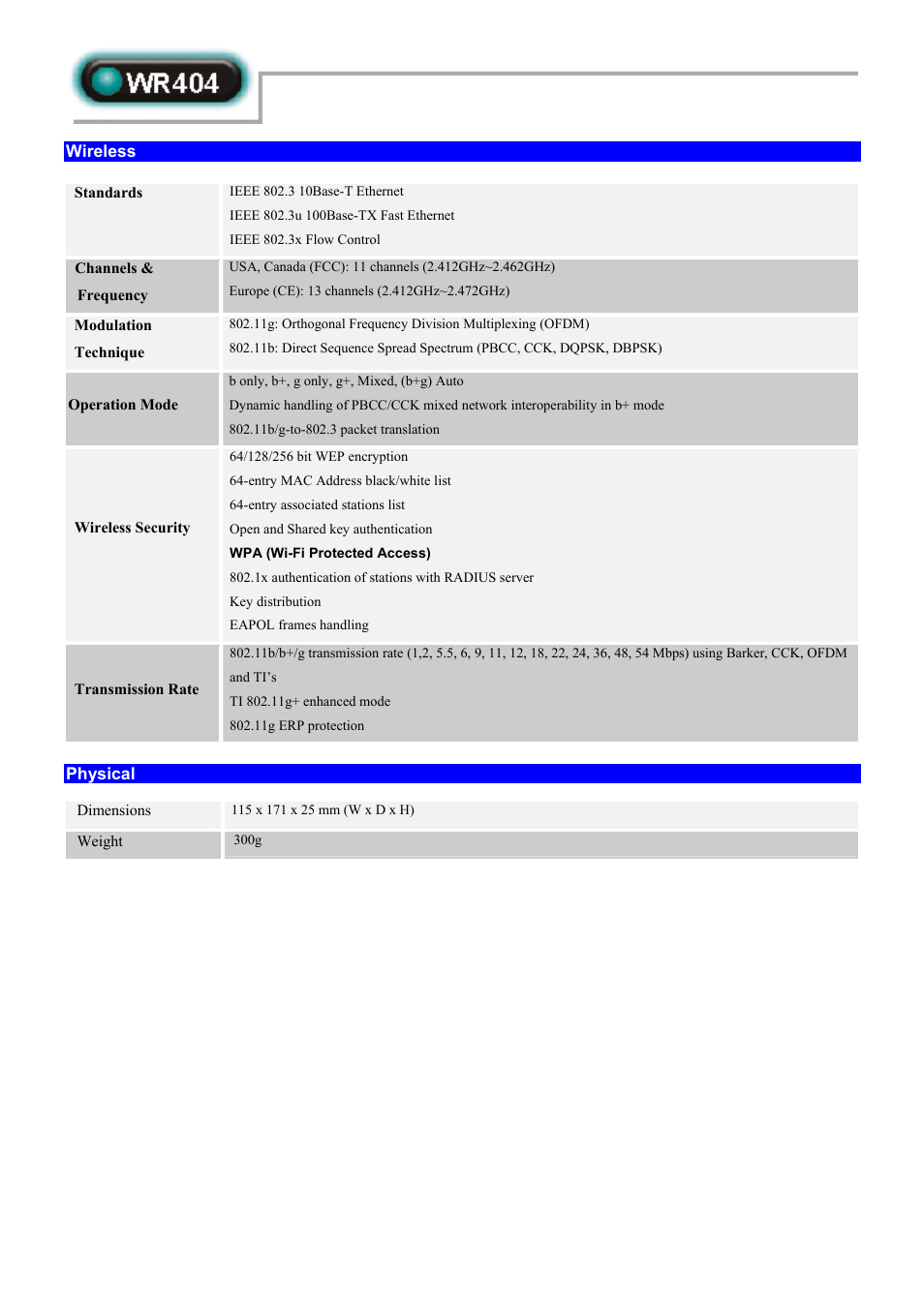 Wireless, Physical | Abocom WR404 User Manual | Page 3 / 3