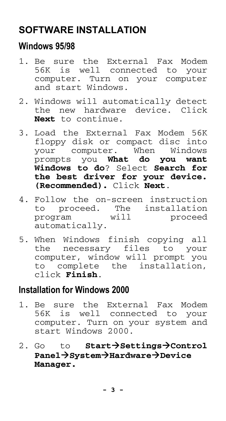 Software installation, Windows 95/98, Installation for windows 2000 | Abocom EFM560 User Manual | Page 4 / 18