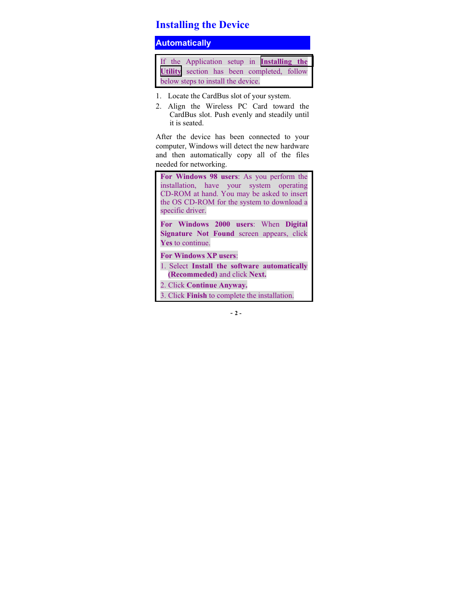 Installing the device, Automatically | Abocom WB2000 User Manual | Page 4 / 20