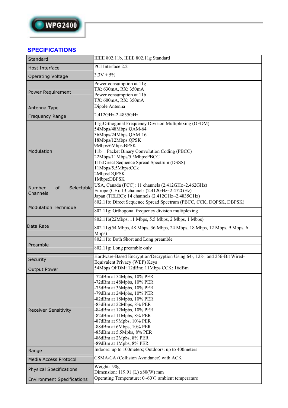 Specifications, Data rate | Abocom WPG2400 User Manual | Page 2 / 3