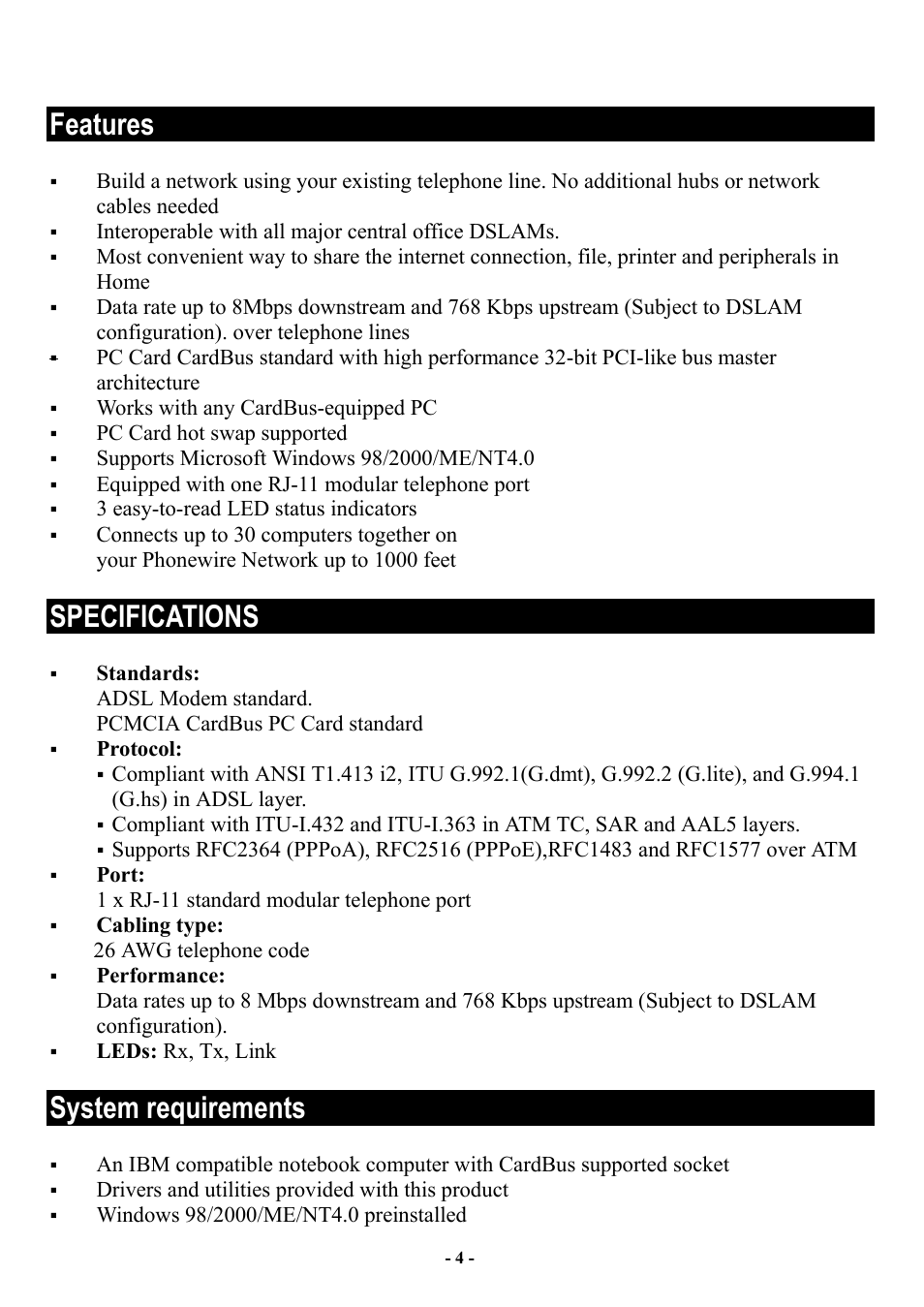 Features, Specifications, System requirements | Abocom CIA3000 User Manual | Page 5 / 14