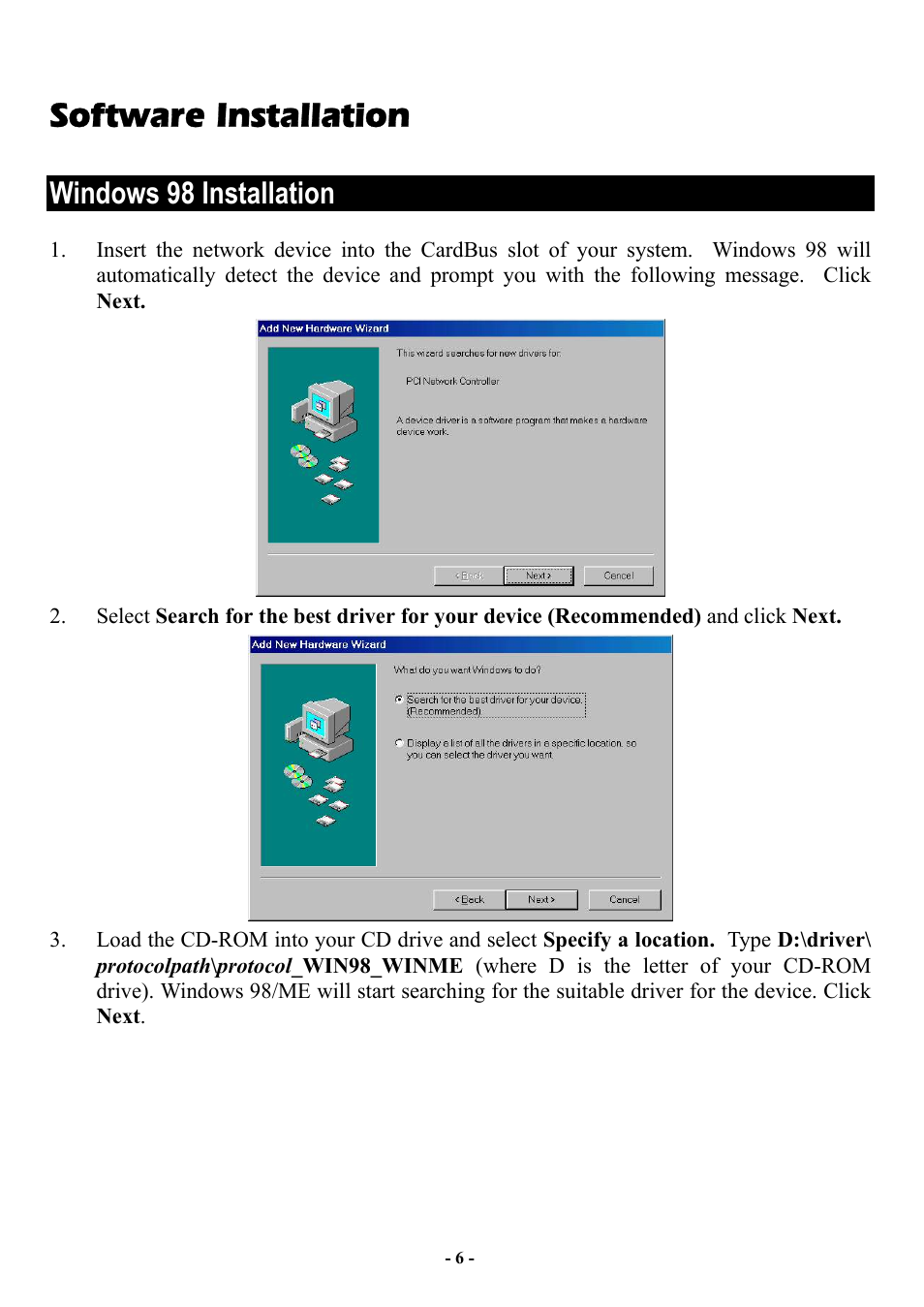 Windows 98 installation, Software installation | Abocom CIA3000 User Manual | Page 7 / 14