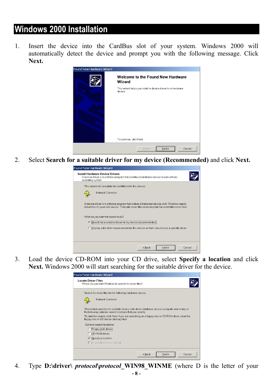 Windows 2000 installation | Abocom CIA3000 User Manual | Page 9 / 14