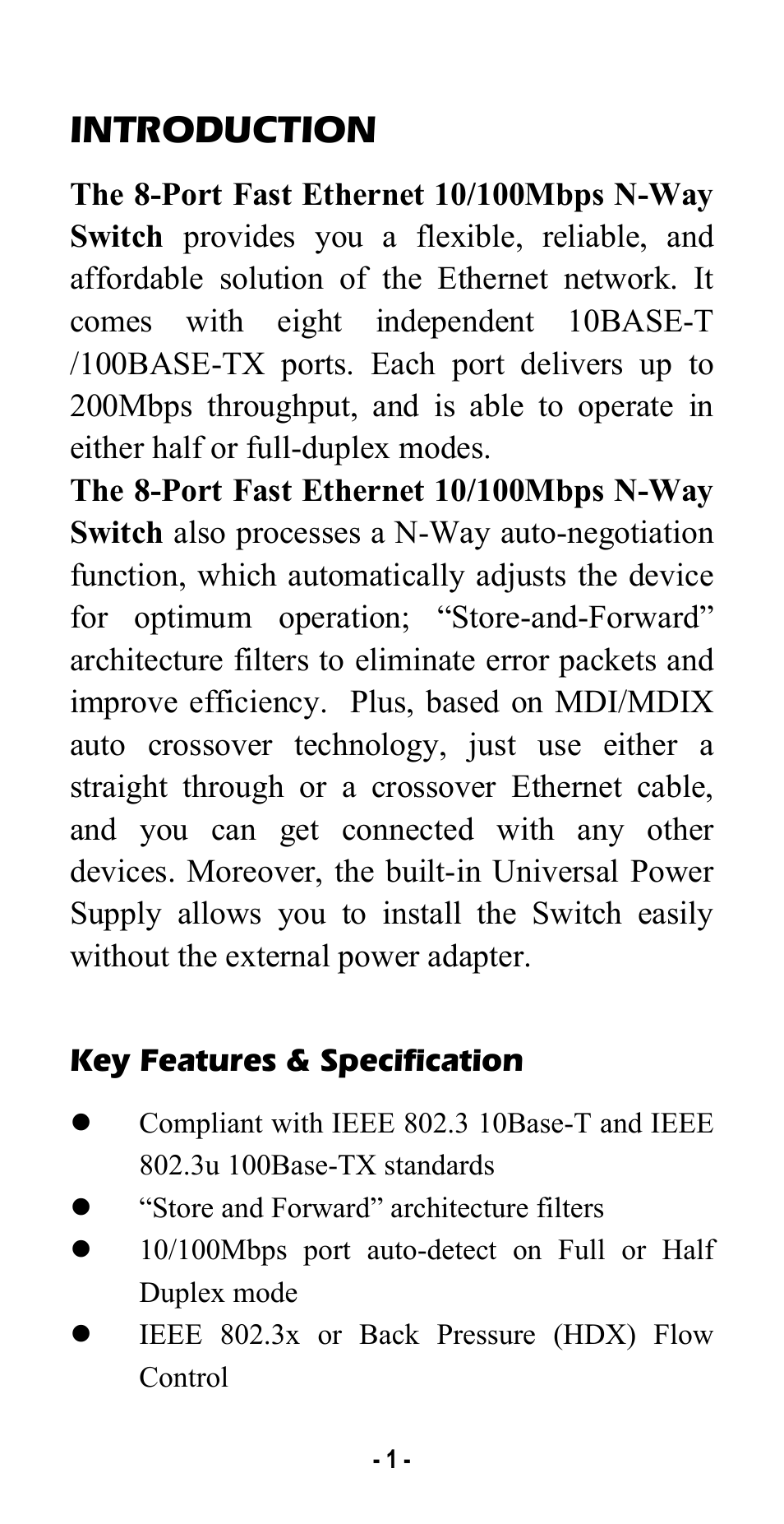 Introduction, Key features & specification | Abocom SW800AI User Manual | Page 3 / 6