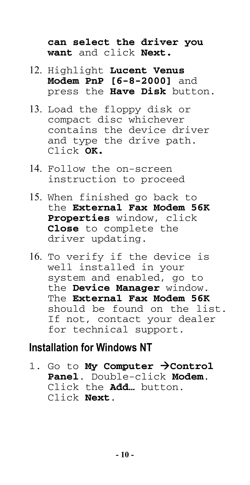 Installation for windows nt | Abocom SFM560 User Manual | Page 11 / 14