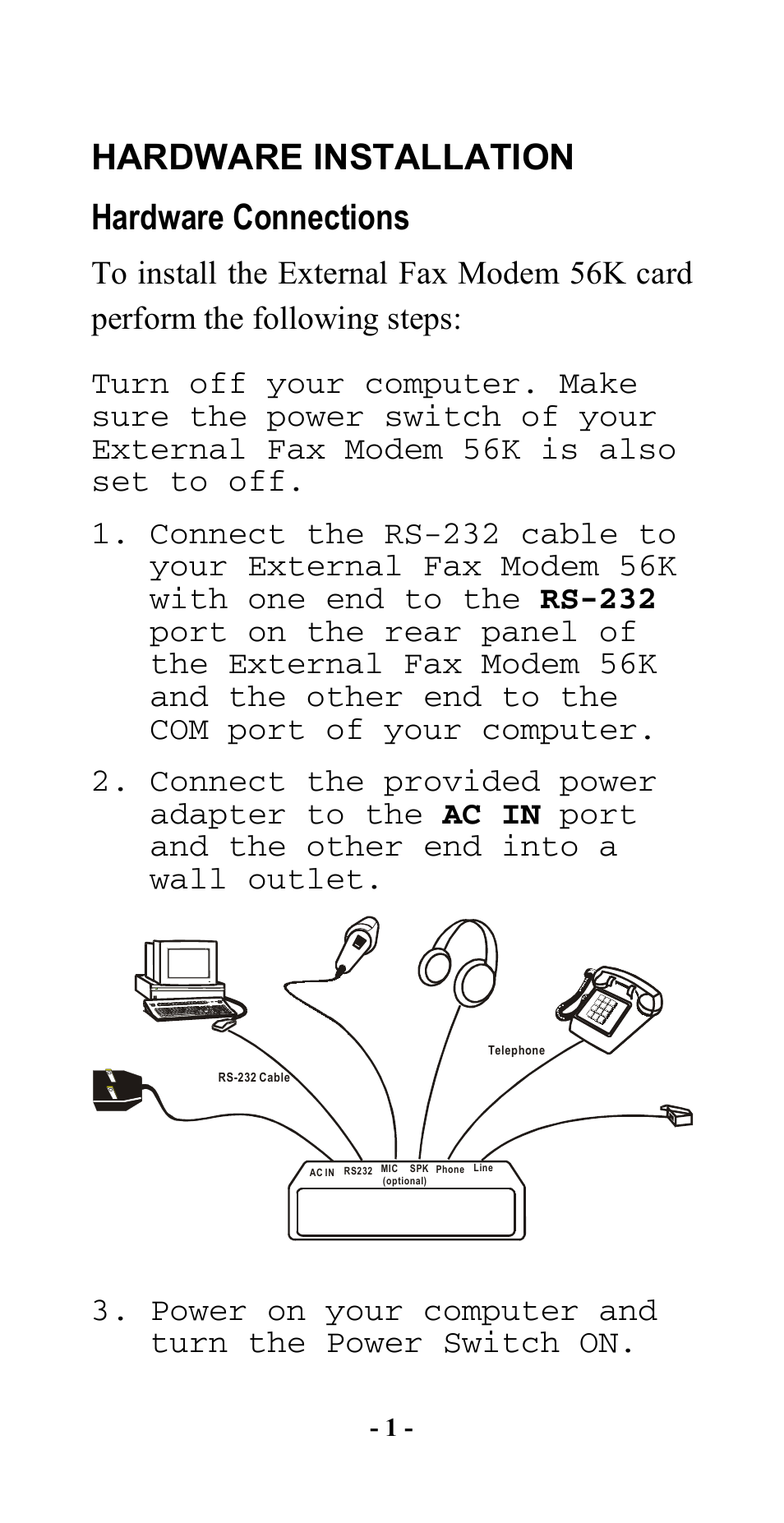 Hardware installation, Hardware connections, Hardware installation hardware connections | Abocom SFM560 User Manual | Page 2 / 14