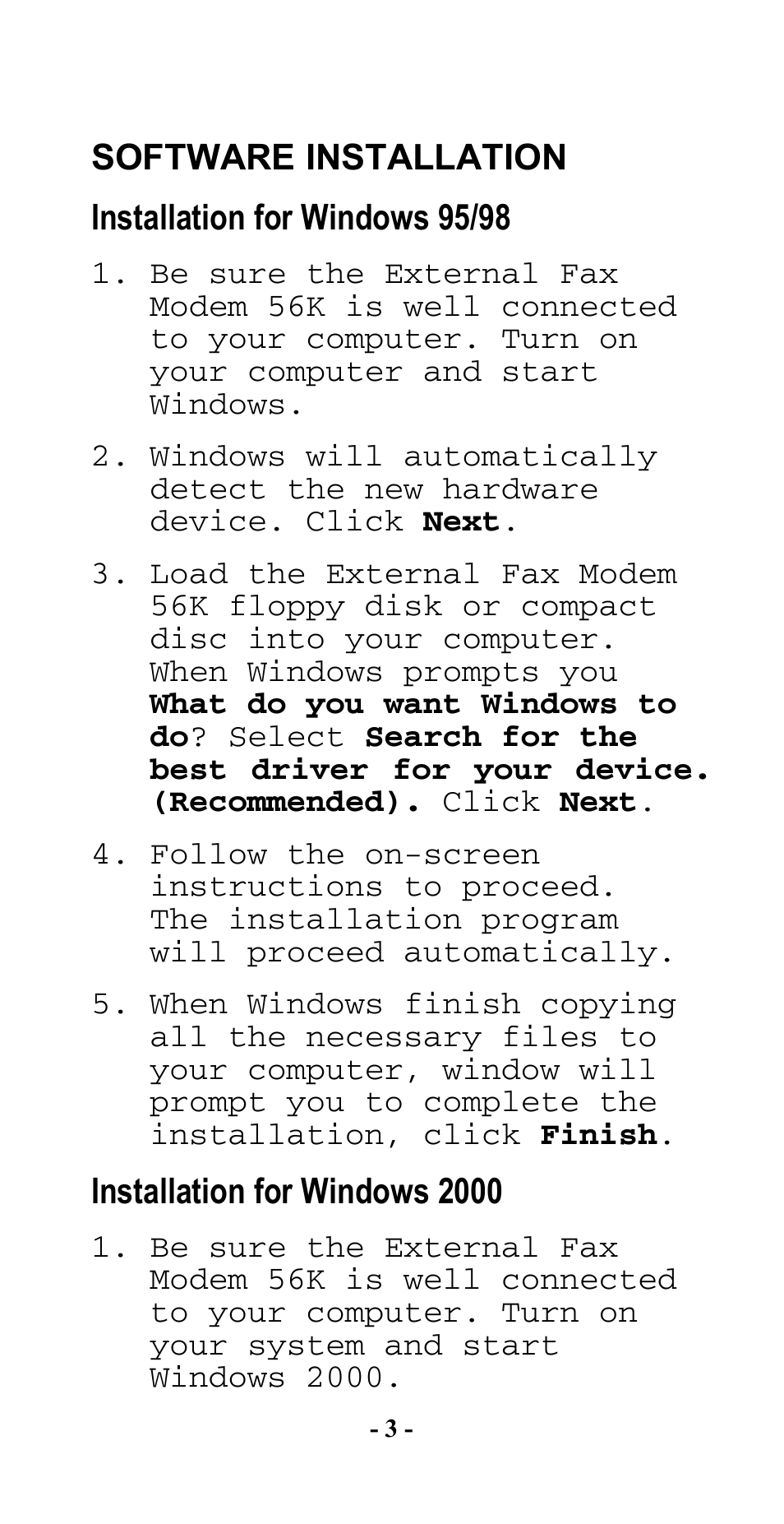 Software installation, Installation for windows 95/98, Installation for windows 2000 | Abocom SFM560 User Manual | Page 4 / 14