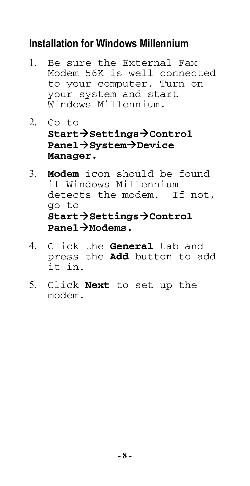 Installation for windows millennium | Abocom SFM560 User Manual | Page 9 / 14