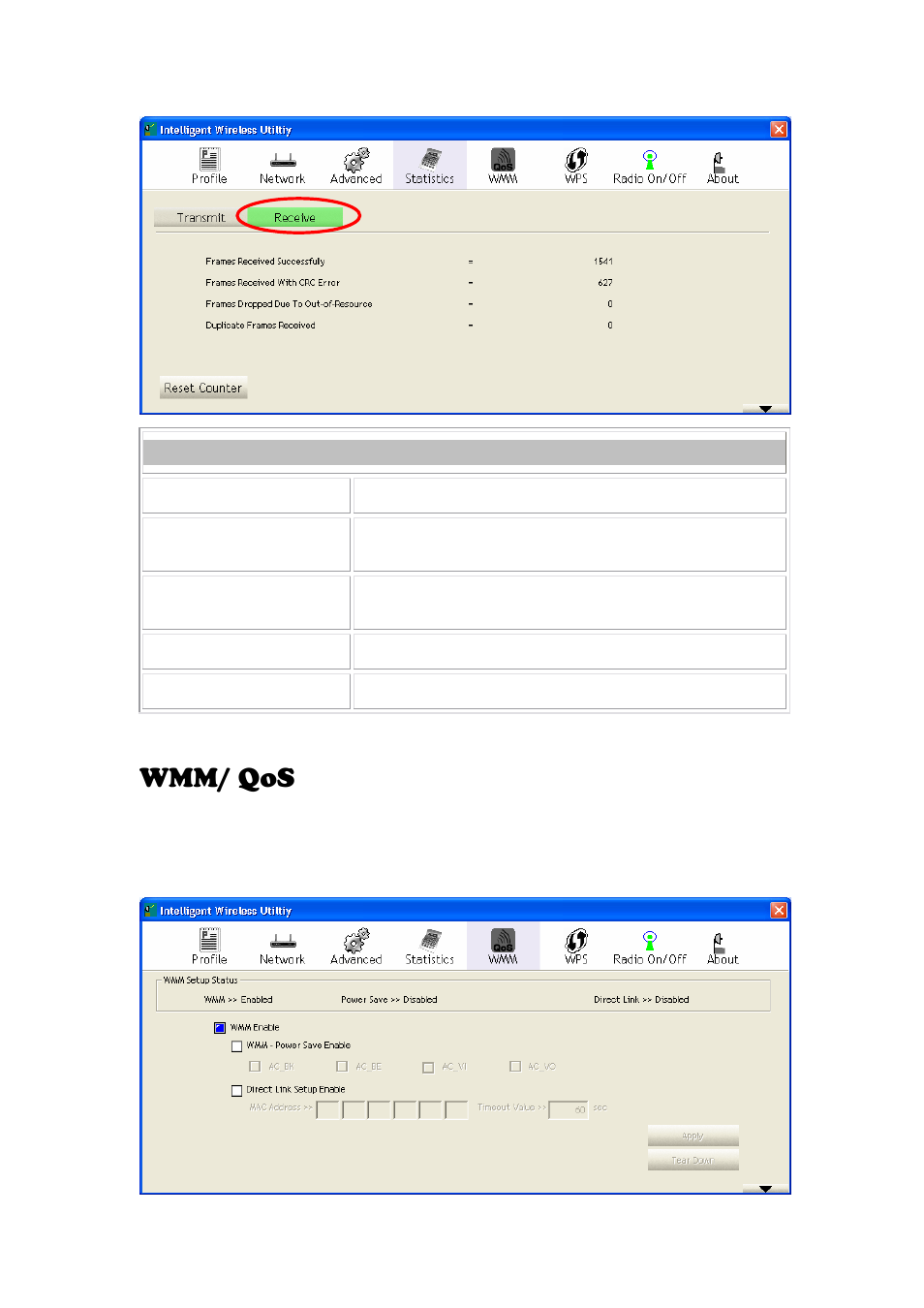 Wmm/ qos, Receive statistics | Abocom 802.11 b/g/n Mini Wireless LAN USB 2.0 Adapter None User Manual | Page 27 / 69