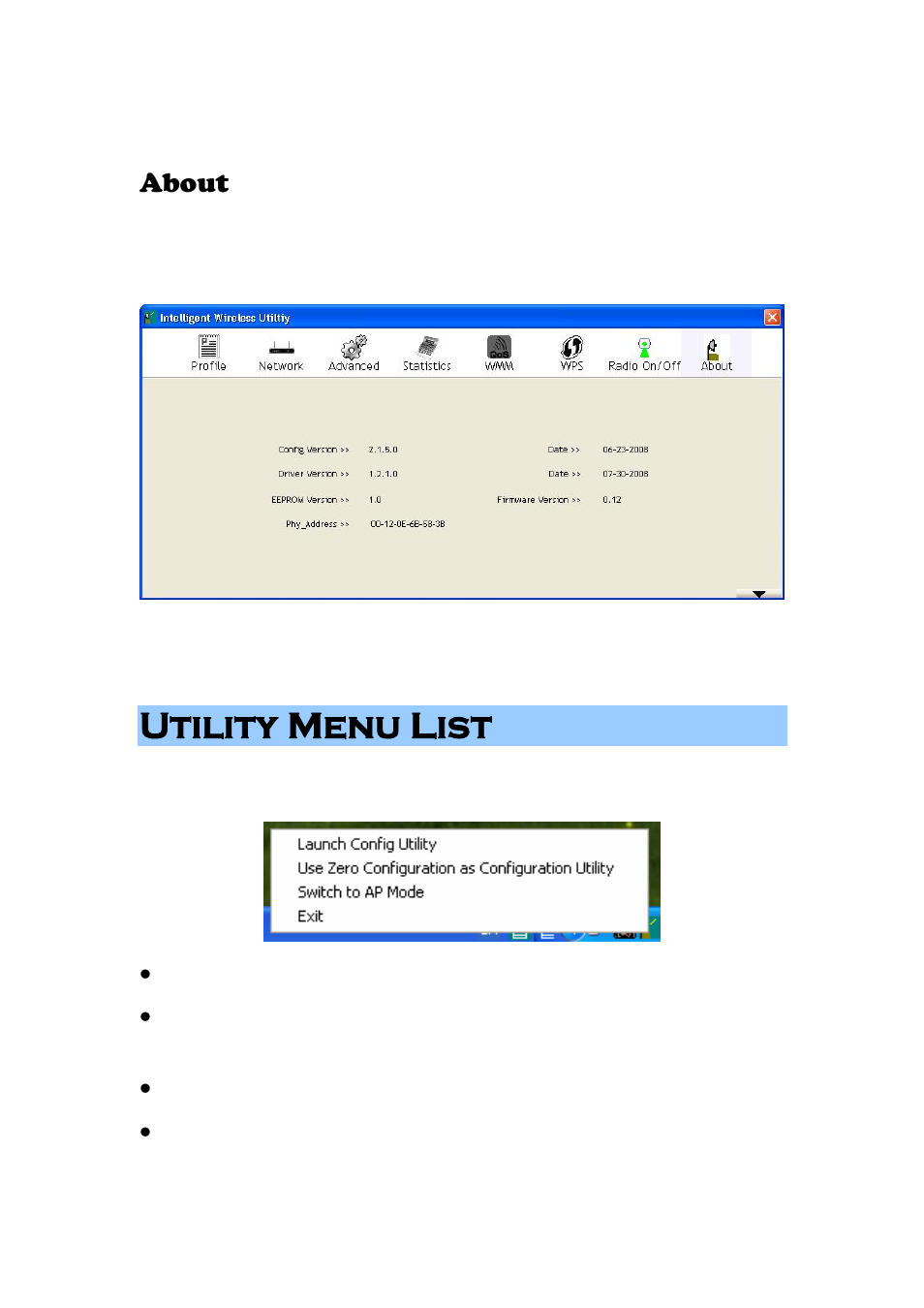 Utility menu list, About | Abocom 802.11 b/g/n Mini Wireless LAN USB 2.0 Adapter None User Manual | Page 32 / 69