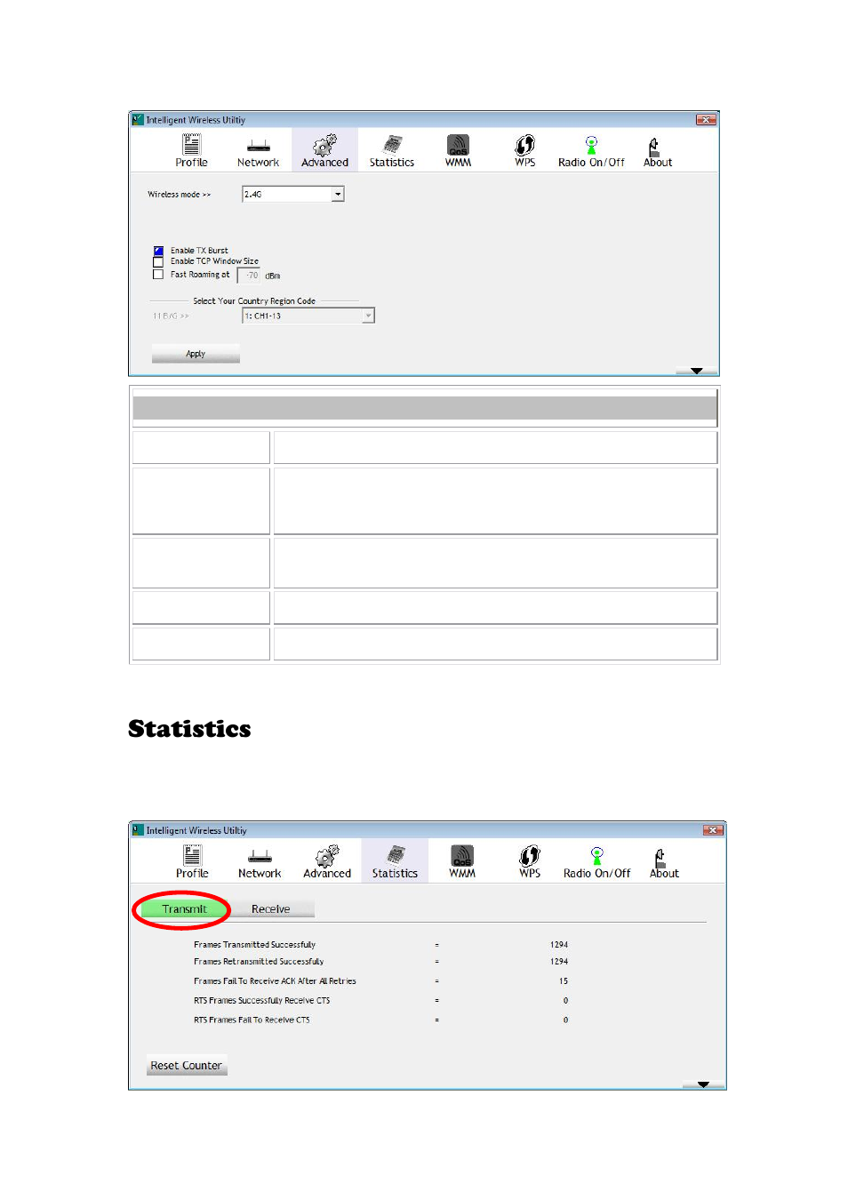 Statistics, Advanced tab | Abocom 802.11 b/g/n Mini Wireless LAN USB 2.0 Adapter None User Manual | Page 51 / 69