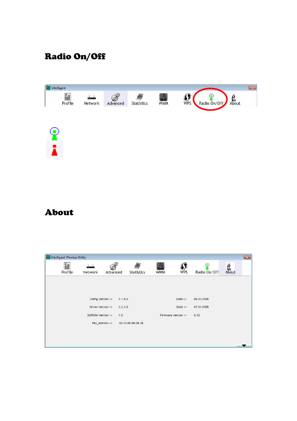 Radio on/off, About | Abocom 802.11 b/g/n Mini Wireless LAN USB 2.0 Adapter None User Manual | Page 57 / 69