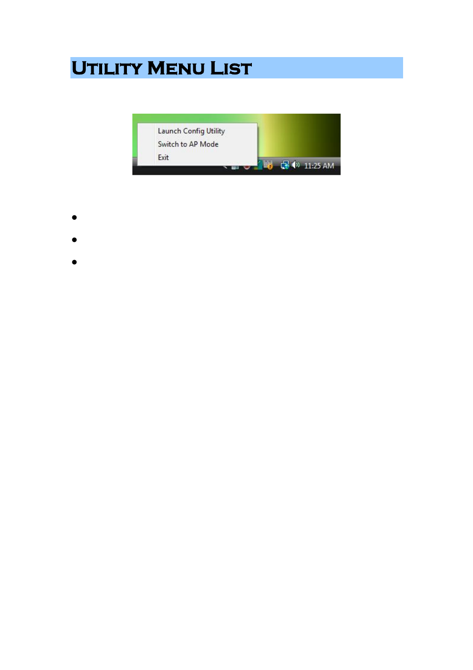 Utility menu list | Abocom 802.11 b/g/n Mini Wireless LAN USB 2.0 Adapter None User Manual | Page 58 / 69