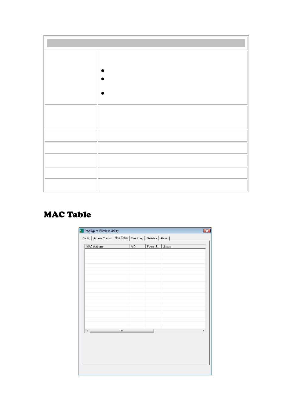 Mac table, Access control | Abocom 802.11 b/g/n Mini Wireless LAN USB 2.0 Adapter None User Manual | Page 62 / 69