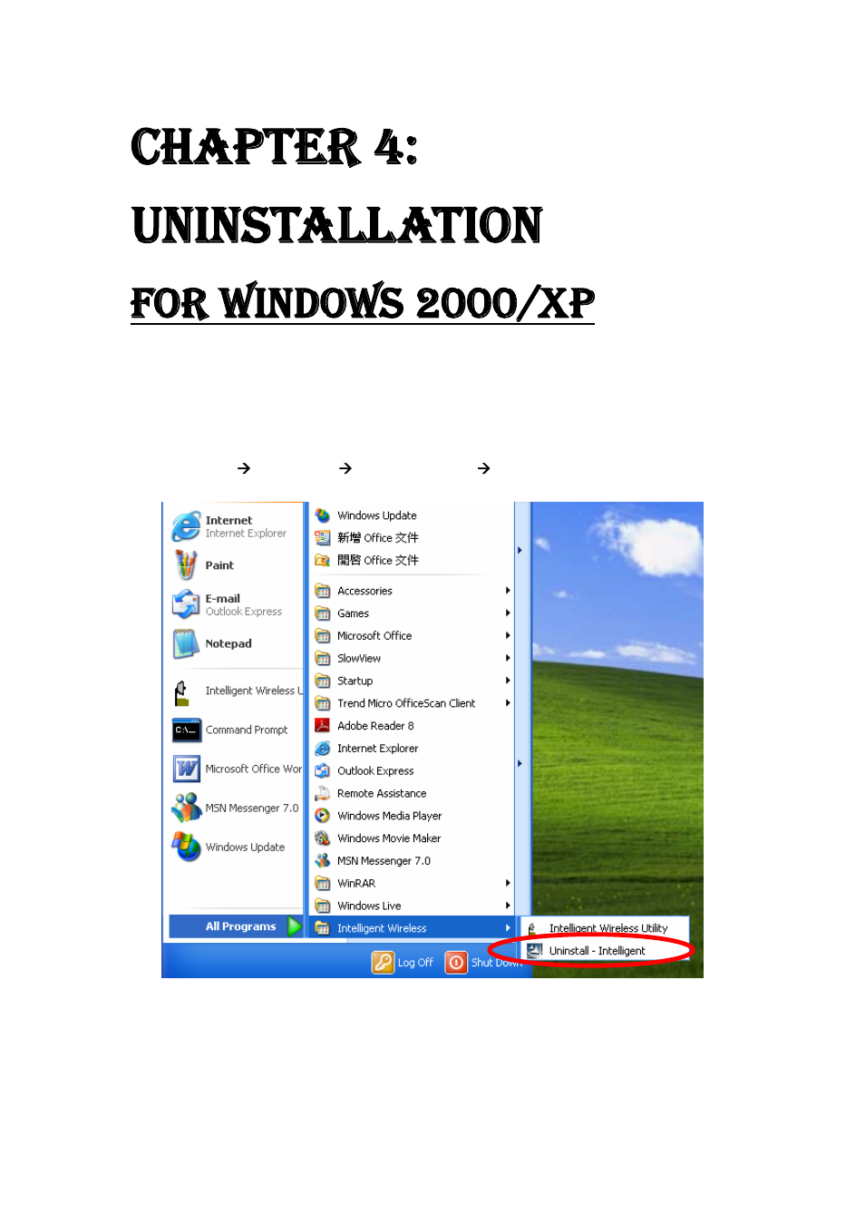 Chapter 4: uninstallation, For windows 2000/xp | Abocom 802.11 b/g/n Mini Wireless LAN USB 2.0 Adapter None User Manual | Page 66 / 69