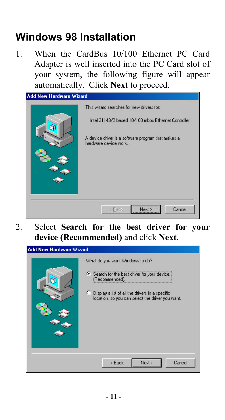 Windows 98 installation | Abocom FE2000 User Manual | Page 12 / 20