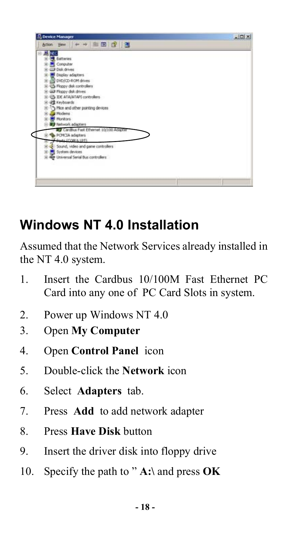 Windows nt 4.0 installation | Abocom FE2000 User Manual | Page 19 / 20