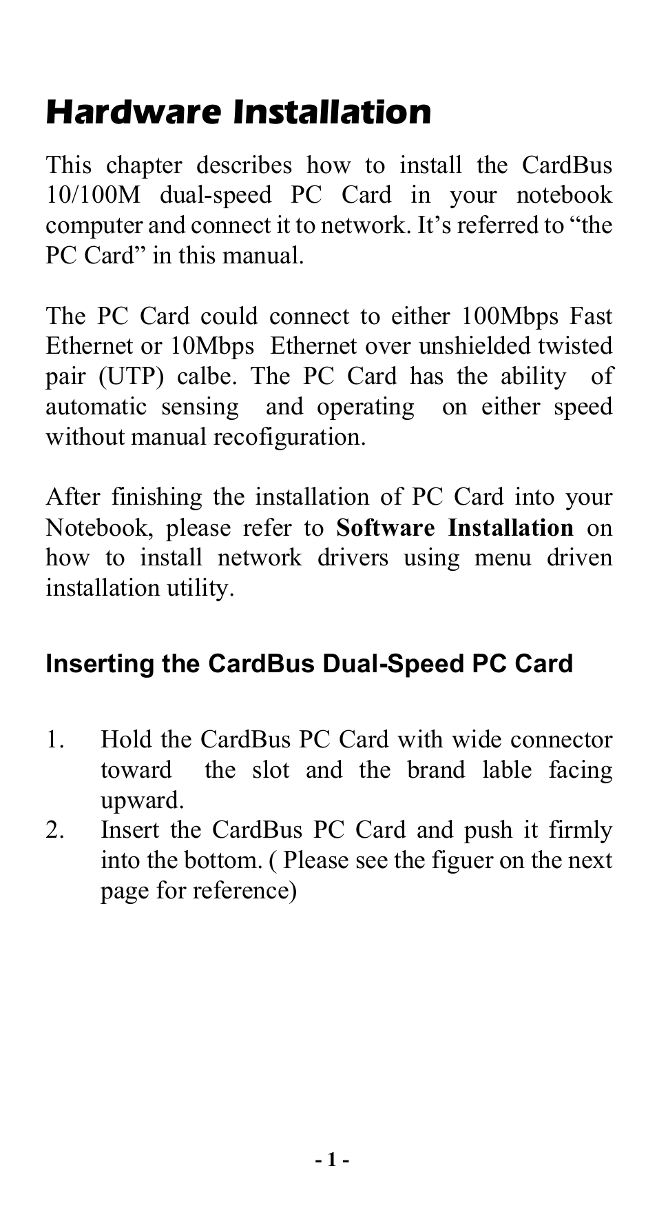 Hardware installation, Inserting the cardbus dual-speed pc card | Abocom FE2000 User Manual | Page 2 / 20
