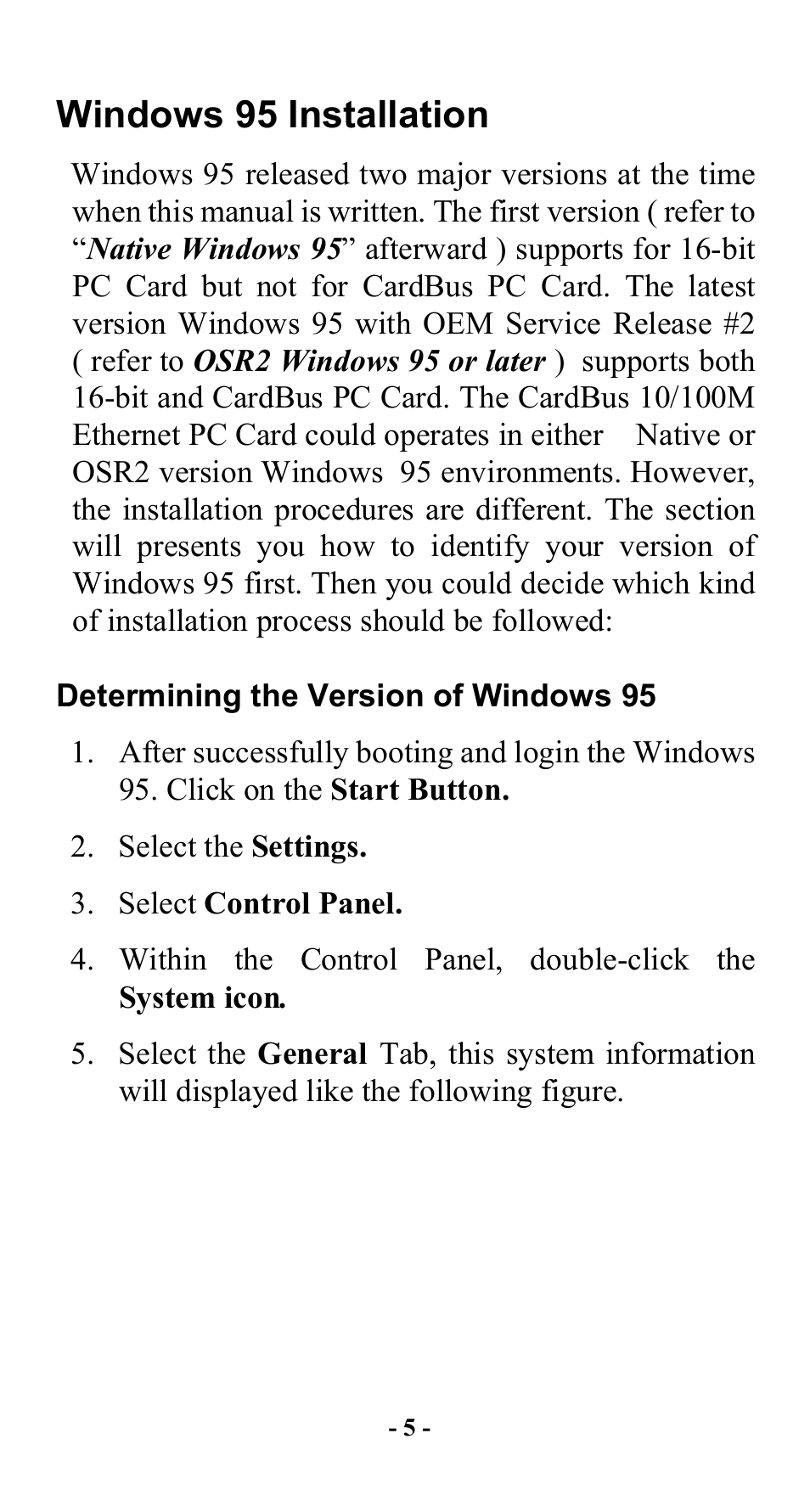 Windows 95 installation, Determining the version of windows 95 | Abocom FE2000 User Manual | Page 6 / 20