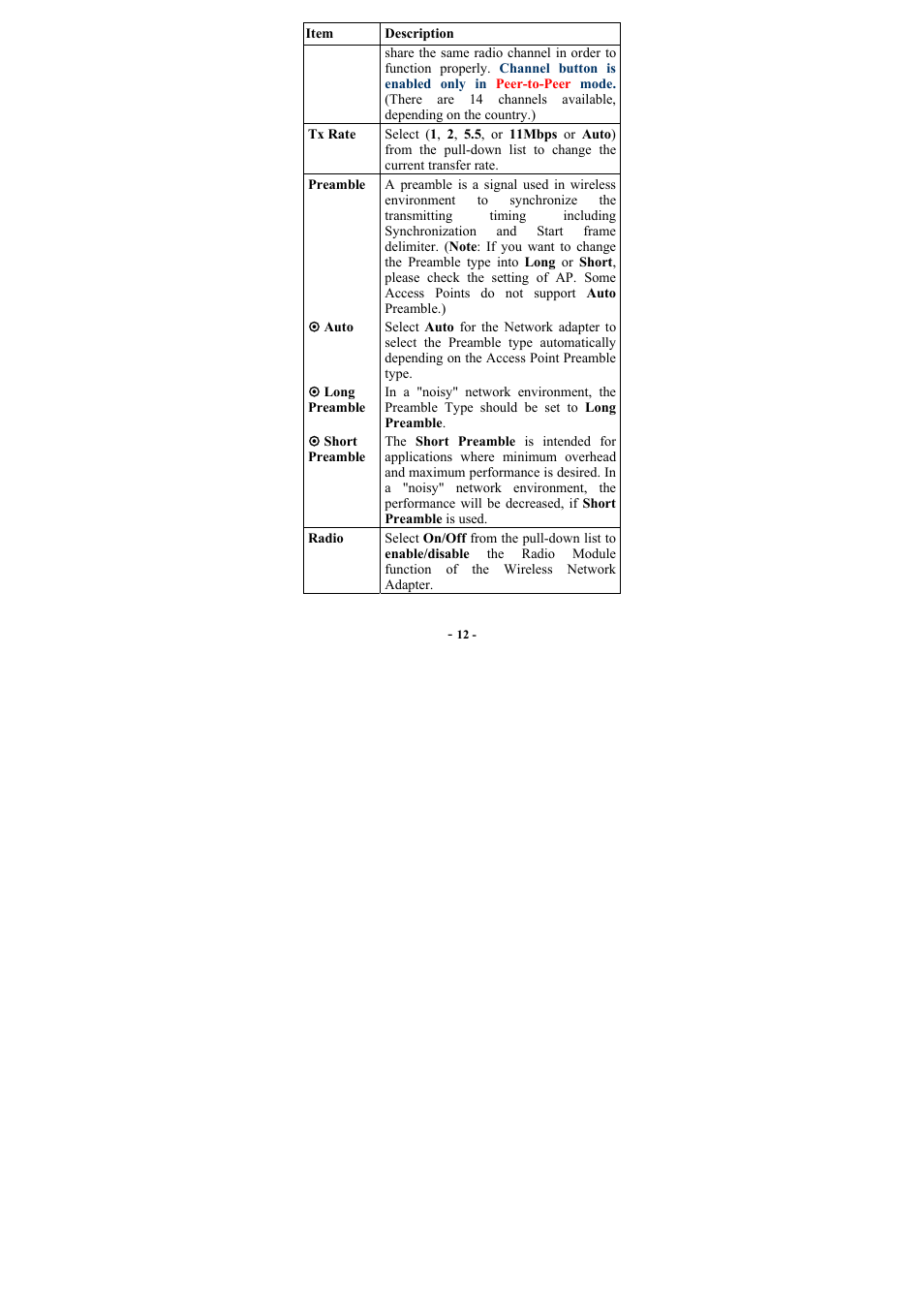 Tx rate, Preamble, Auto | Long preamble, Short preamble, Radio | Abocom WP2000 User Manual | Page 14 / 20