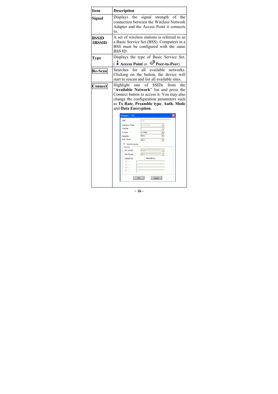 Signal, Bssid /ibssid, Type | Re-scan, Connect, Highlight one of ssids from the “available networ | Abocom WP2000 User Manual | Page 18 / 20